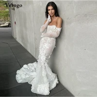 verngo delicate lace 3d flowers mermaid wedding dresses strapless long sleeves stylish elegant bridal gowns court train