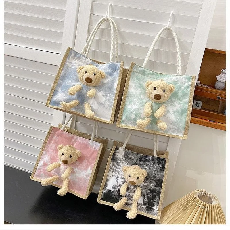 Korean Cute Canvas Bag with Bear Doll Women Eco-friendly Zipper Lunch Bags Lady Render Printing Mini Handbag Linen Totes