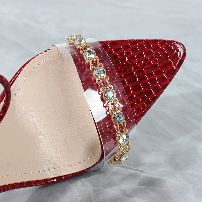 Fashion Women's Shoes 2023 Summer New Pointed Toe Open Toe Crystal Chain High Heels Ankle Strap Sexy Party Stiletto Sandals