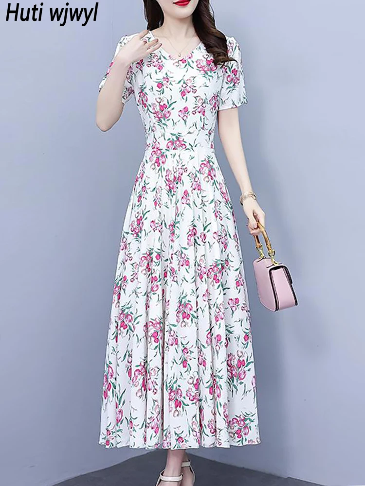 

White Chiffon Floral Casual Long Dress for Women Summer Short Sleeve Bodycon Party Dress 2023 Elegant Bodycon Luxury Night Dress