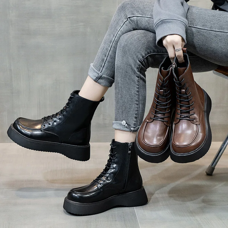 

Riding Boots Women Low Boots Chunky Shoes Zipper Round Toe Boots Women Luxury Platform Flat Heel Mid-Calf Boots Botas Mujer