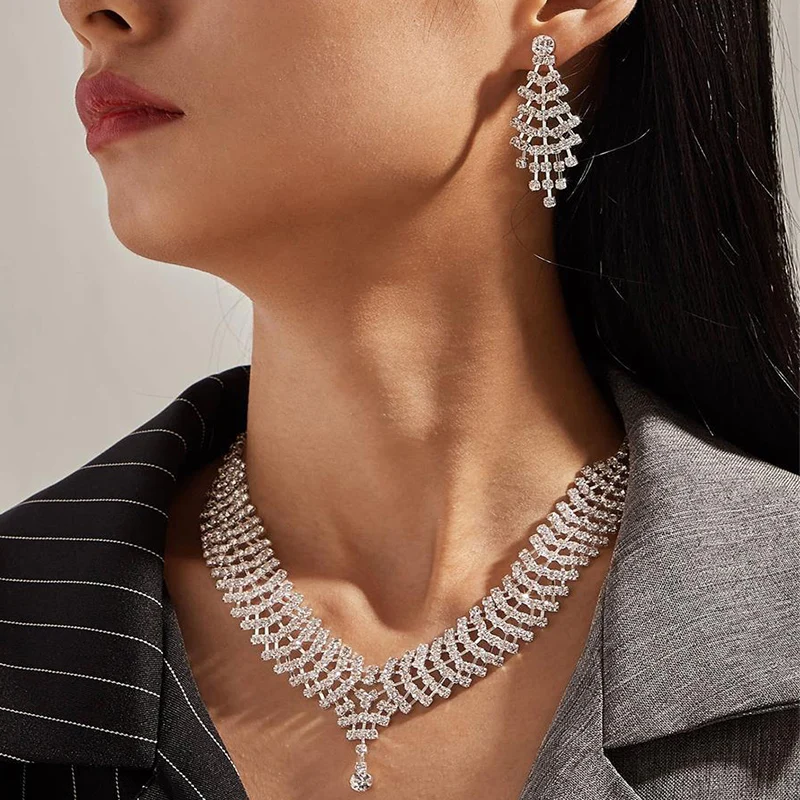 

Luxury Silver Color Jewelry Set with Micro Diamonds Bridal Wedding Jewelry Hot Sale Ensemble de bijoux
