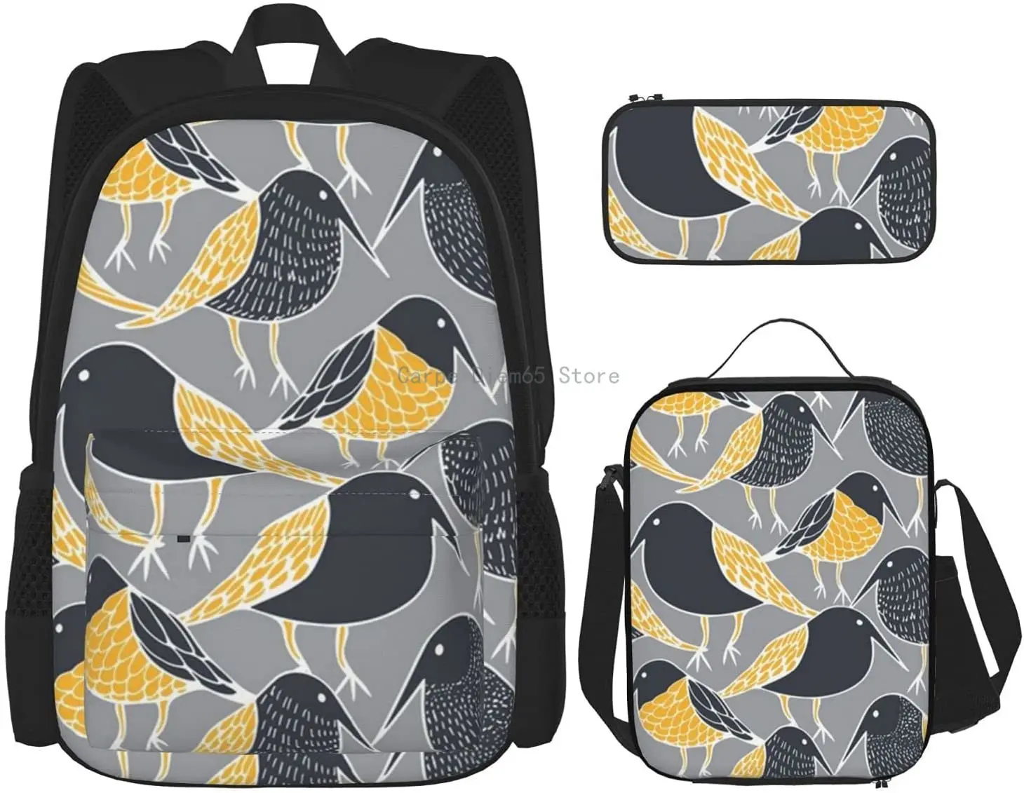 Черный рюкзак с птицами набор из 3 предметов рюкзак для подростков мальчиков девочек сумка на плечо; Для ланча сумка Карандаш Чехол Набор