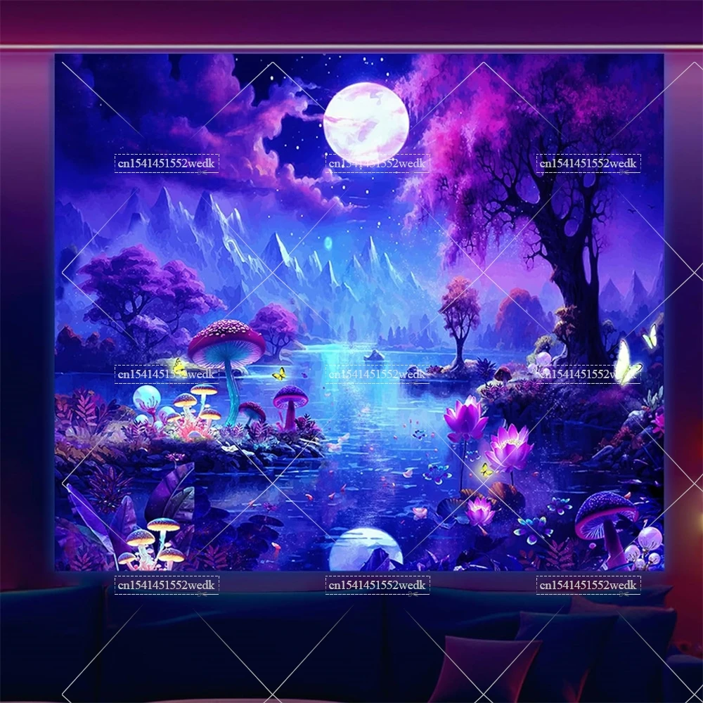Неоновый гобелен в виде грибов бабочек черного света УФ-реактивный лес горы