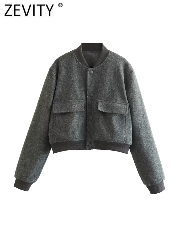 

ZEVITY 2023 Women Safari Style Stand Collar Pocket Patch Short Woolen Jacket Coat Female Casual Outerwear Chic Coat Tops CT3651