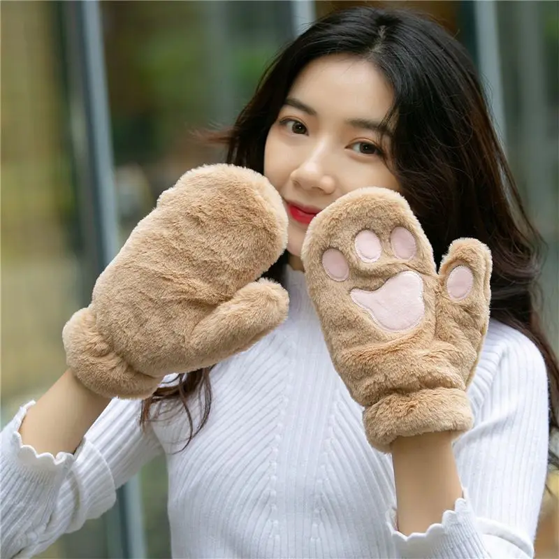 

Cat Bear Claw Soft Plush Gloves Women Winter Warm Thicken Fingerless Mittens Girls Students Outdoor Warmer Gifts Hand Guards