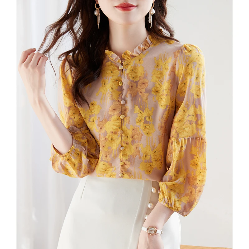 

Шифоновая рубашка для женщин, Новинка лета 2023, повседневные блузки с цветочным принтом, СВОБОДНЫЙ Модный Топ с рукавом «съедобное дерево» и круглым вырезом