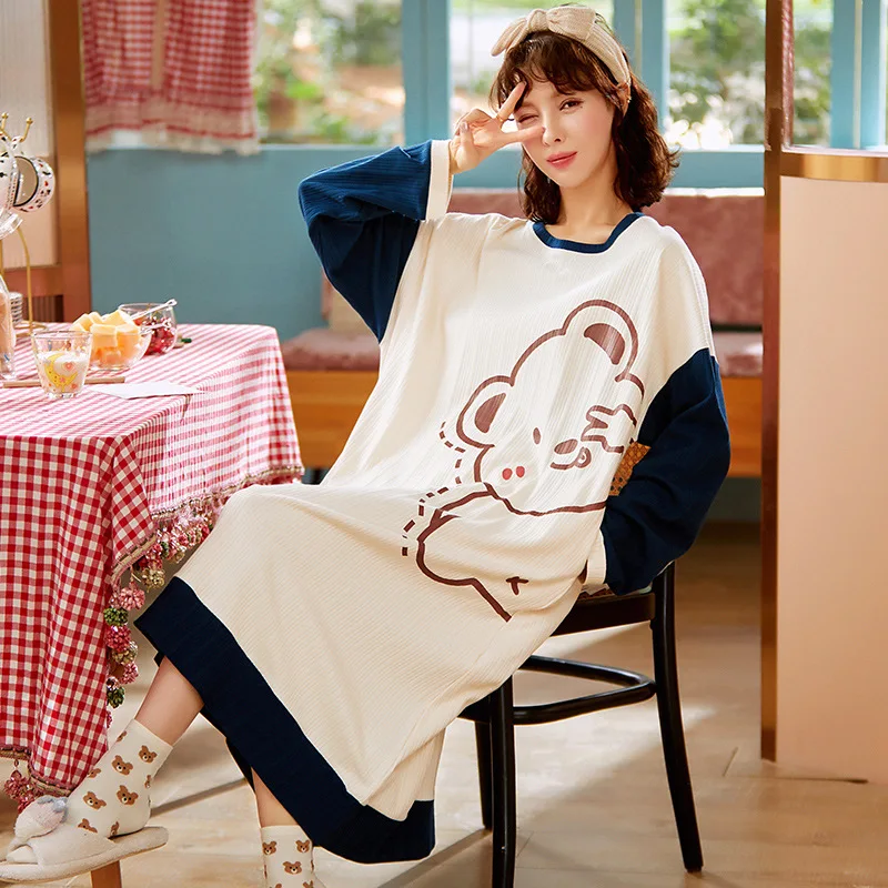 

Женская ночная рубашка, одежда для сна, длинная хлопковая ночная рубашка, ночная рубашка с мультяшным рисунком, Осенние милые женские рубаш...