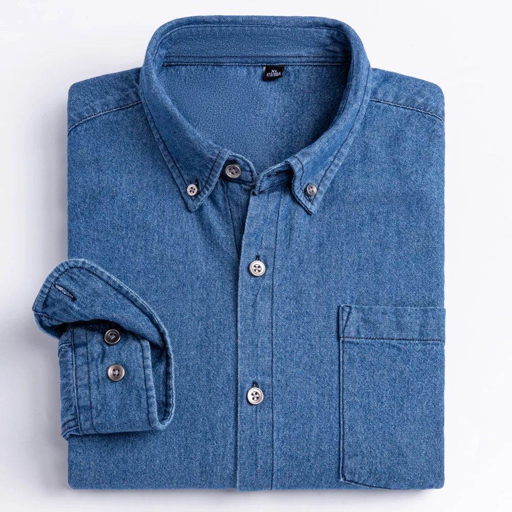 

Man 100% Cotton Western Denim Pocket Shirt Long Sleeve Standard-fit Comfort Durability Soft Casual Washed Durability Work Shirts