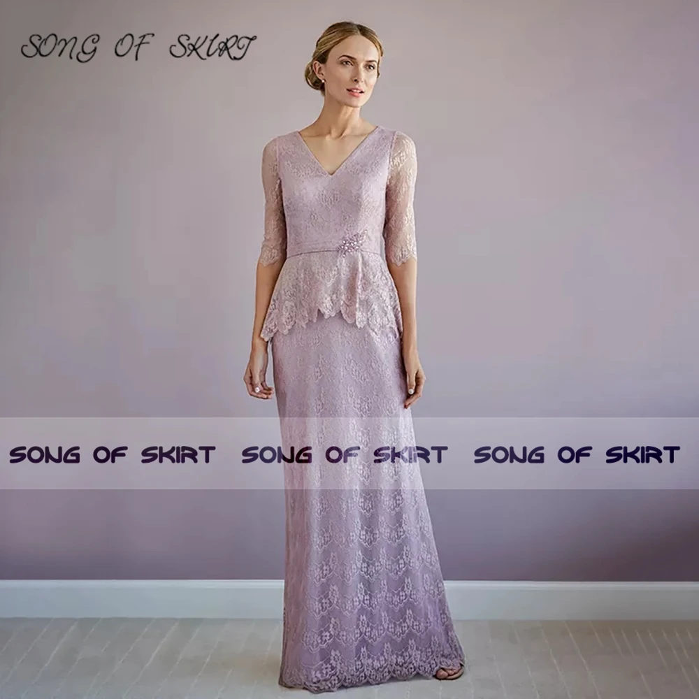 

Lilac Lace Elegant Mother Of Bride Dresses V Neck Half Sleeves Mom Wedding Guests Evening Formal Gown Robe De Soirée Femme