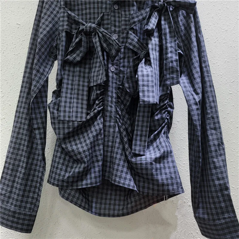 WTHT модная женская клетчатая рубашка с 3D бантами и морщинистой талией весна 2025