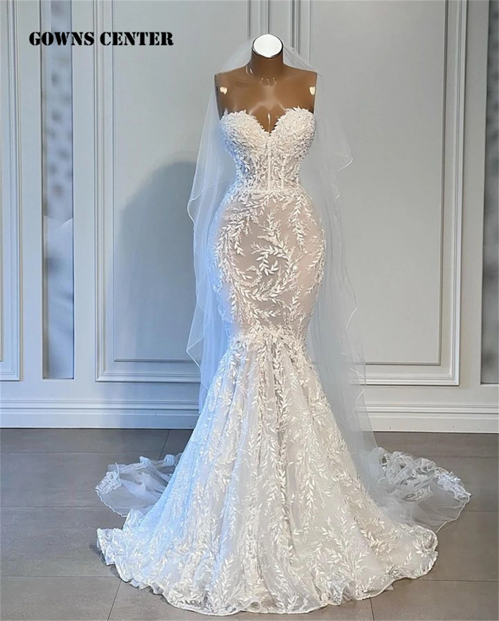 

Romantic Lace Sweetheart Mermaid Wedding Dresses Tulle Headdress Bridal Gowns Engagement Gown Vestido De Festa Luxo