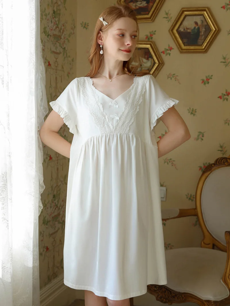 Women Spring Summer Ruffles Sleepwear Sexy Lace Crop Sleeveless Nightdress Cotton Fairy Princess Pajamas Victorian Nightgowns