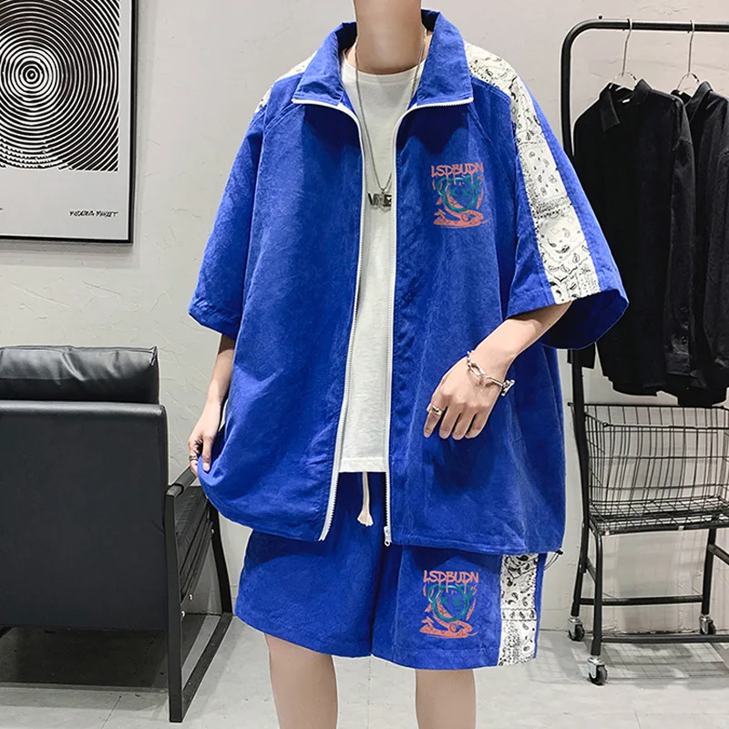 

Suit men 2022 national fashion summer youth fashion cashew nut splicing short sleeve coat loose two-piece set couple