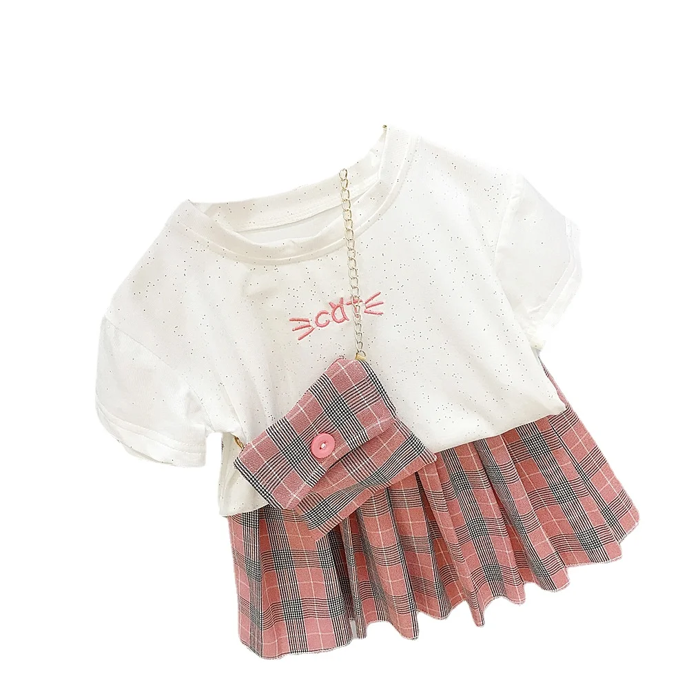 

Детская юбка, повседневный костюм для маленьких девочек, модная детская одежда, футболка с коротким рукавом + клетчатая юбка с блестками, но...