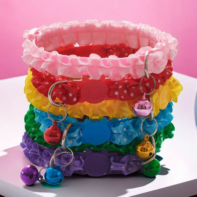 Double layer Lace Cat Collar With Bell Cute Kitten Shape Safety Buckle Collar Adjustable 19-32cm for Kitty Puppy Small Pets