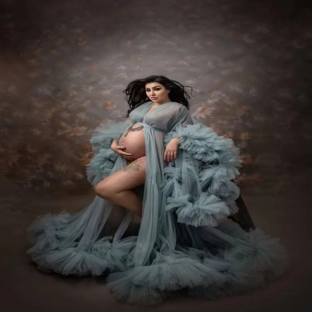 

Ruffles Tulle Maternity Dresses To Photoshoot See Thru Mesh Long Robe Nightgown Women Prom Dress