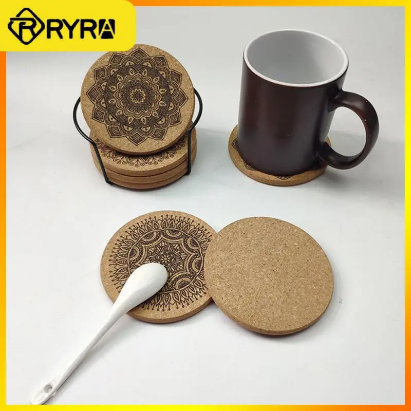 

6pcs Creative Wooden Coasters Table Mat With Rack Nordic Mandala Round Cork Coaster Coffee Cup Pad Non-slip 1 Set