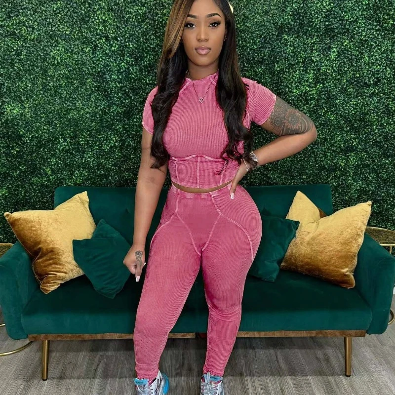 Однотонные ребристые спортивные костюмы женский повседневный комплект из двух