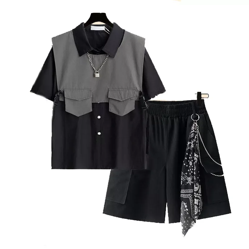 

2022 Summer Harajuku Loose Chain Cargo Shorts T Shirt +Cargo Shorts Two Piece Set Shorts Three-Piece Suit Set