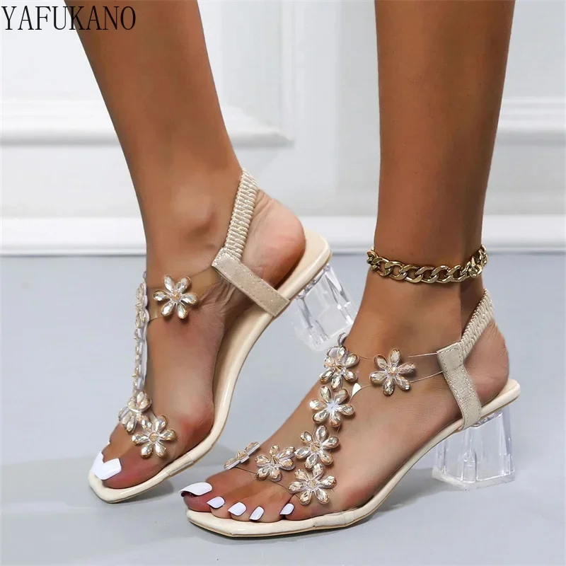 

Rhinestones Flower Decor Clear Chunky Heeled Slingback Sandals Clear Crystal Heel Party Dress High Heels Plus Size Women 42 43