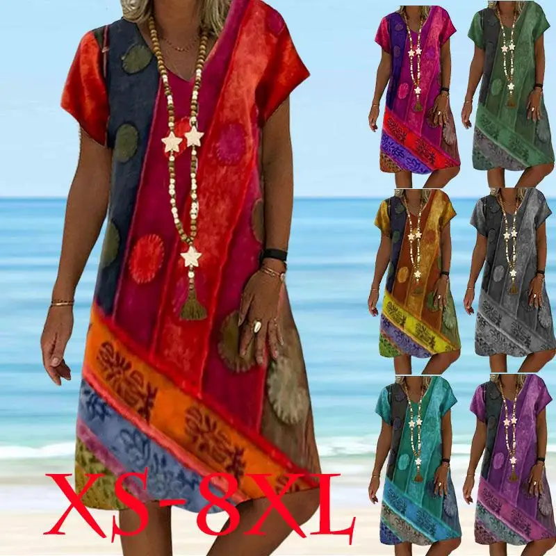 

New Abstract Art Summer Casual Loose Print V Neck Short Sleeve Dress Fashion Plus Size Party Dress XS-8XL