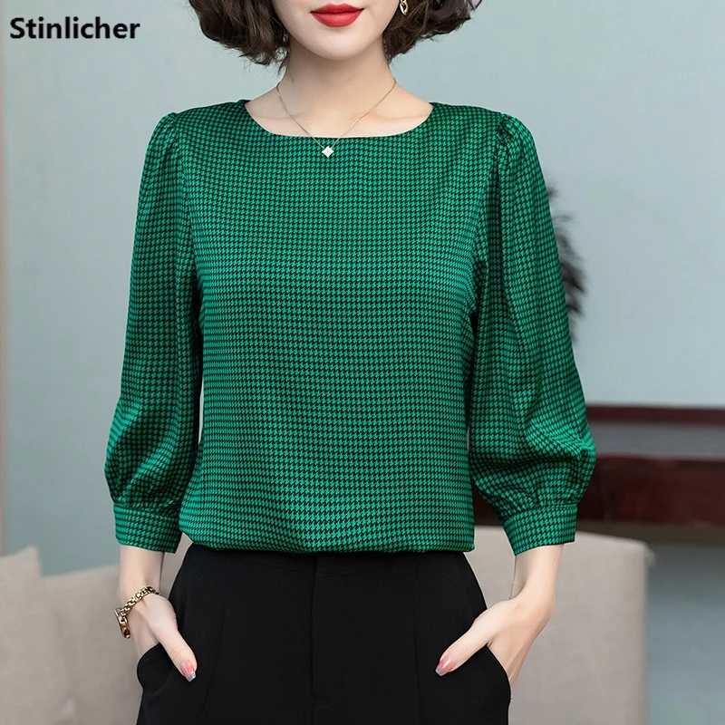 

Spring Summer Houndstooth Chiffon Plaid Shirts Women's Blouses Casual Loose Tops Fashion Green Work Blouse Female Shirts
