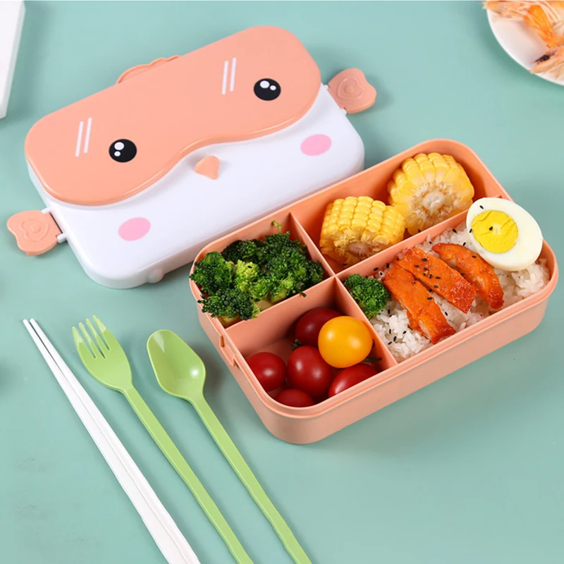

School Lunch Box for Kids Rectangular Bento Box Plastic 4 Compartment Lunchbox with Tableware Microwave Food Storage Containers