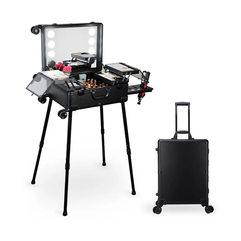 

Качественный Жесткий Чехол для косметики на роликах с подставкой Bluetooth Динамик Сенсорный Экран светодиодное зеркало профессиональная коро...