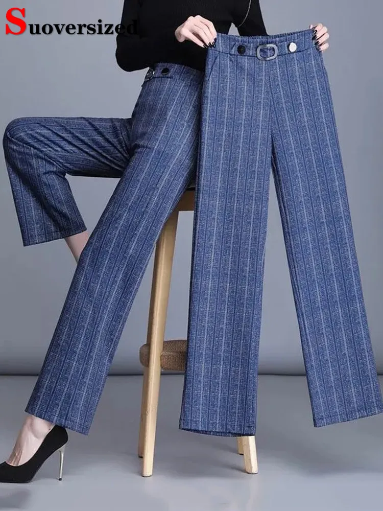 

Брюки женские клетчатые с широкими штанинами, повседневные мешковатые прямые штаны с завышенной талией, модные трендовые элегантные брюки для мам, большие размеры 4xl