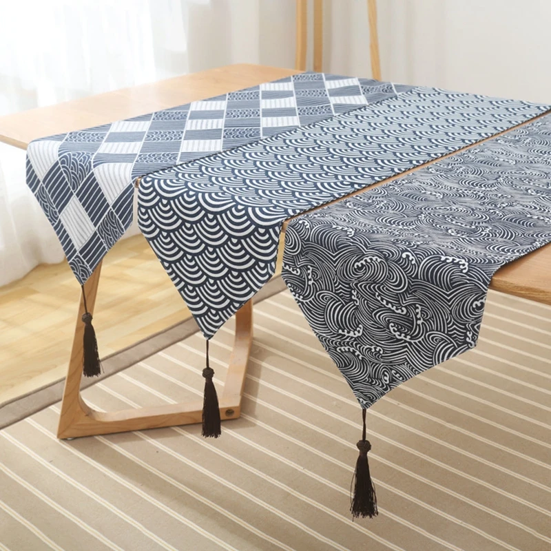 

Exquisite Japanese Printed Pattern Table Runner with Tassels for Dining Table Party Tablecloth Home Hotel Restaurant Decoration