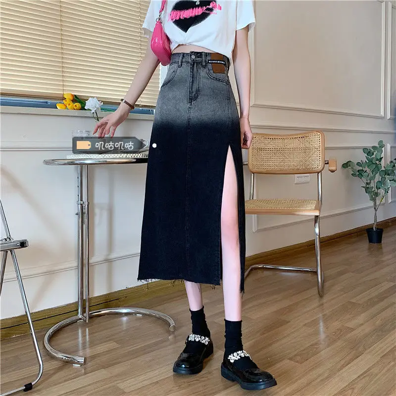 

New Gradient Denim Skirt For Women 2022 Summer New High Waist Split Bodycon Retro A-line Skirt