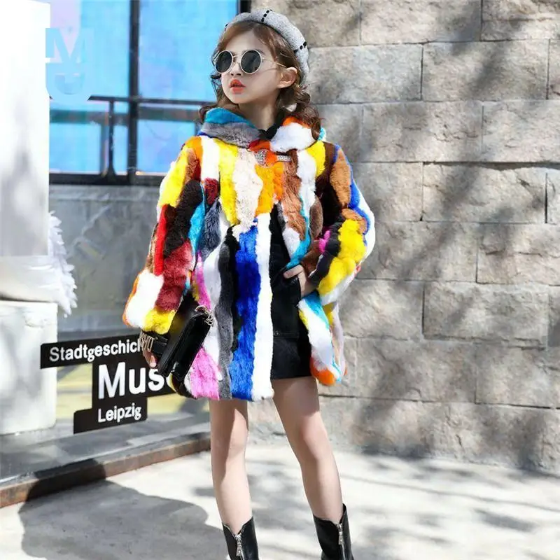 

New 2022 Winter Children Girl Real Rabbit Fur Coat Kids Girl Thick Warm Hooded Jacket Teenage Medium Long Overcoat Outwear W120