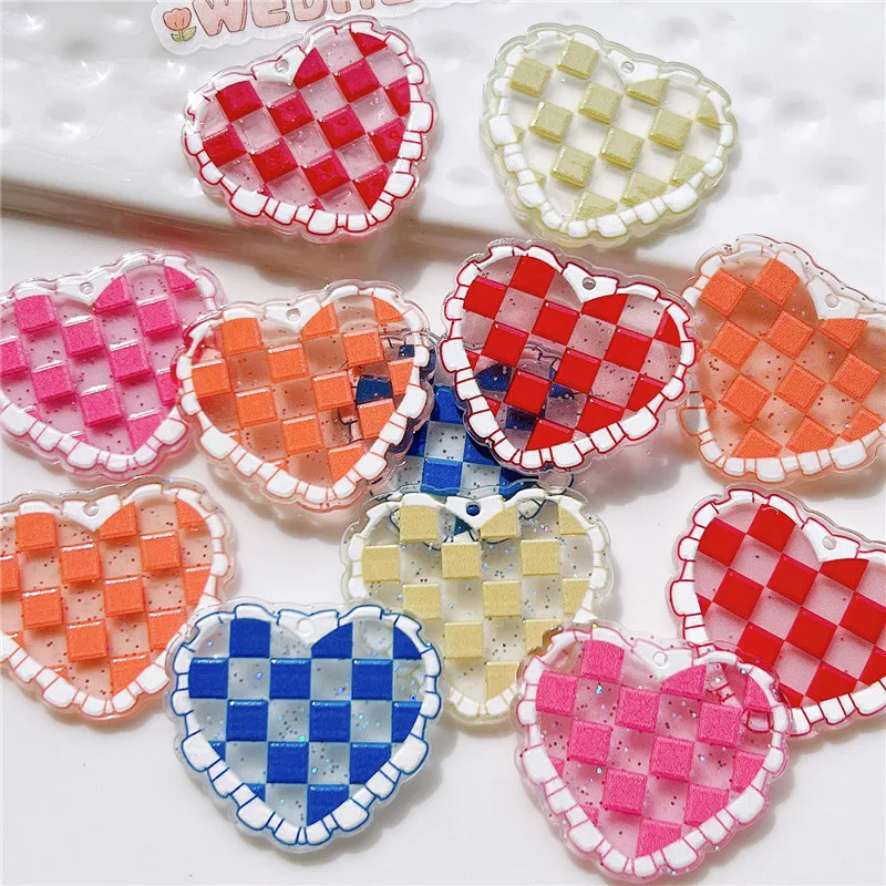 New style 50pcs/lot color grid pattern print cartoon hearts shape acrylic beads diy jewerly earring/garment pendant accessory |