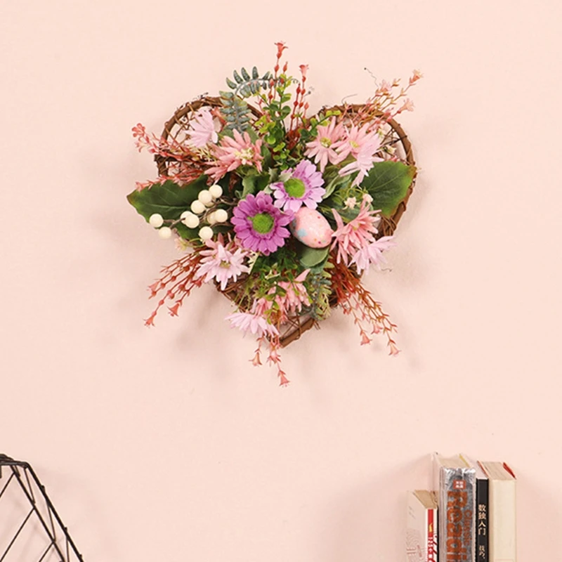 

Easter Simulation Wreath Artificial Peach Heart Colorful Egg Daisy Garland for Home Farmhouse Party Front Door Garden 87HA