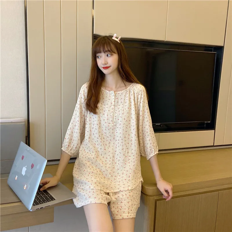 Korean Cherry Print Spring Pajamas Set Women O-Neck Long Sleeve Buttons Shirts + Trousers Cotton Casual Sleepwear Soft Home Suit