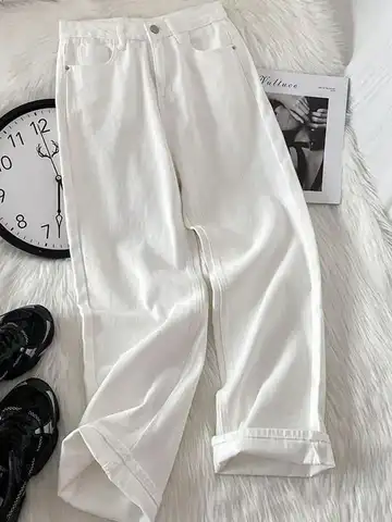 Women White Jeans Fashion Korean Fall Wide Leg Denim Pants Casual Button Female  Baggy Jeans New