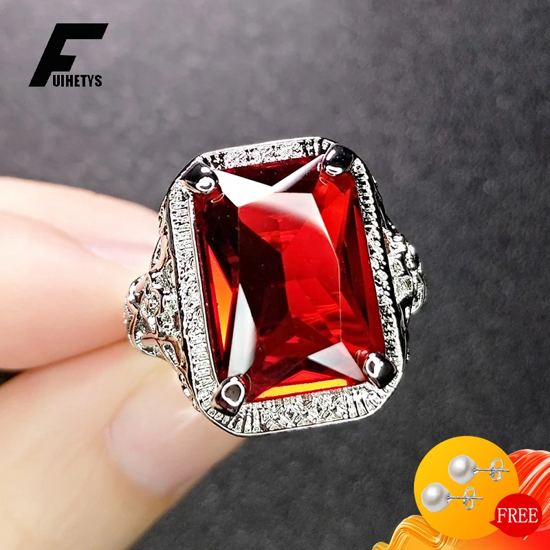

Classic Ring 925 Silver Jewelry Rectangle Ruby Emerald Gemstone Open Finger Rings Accessories for Women Wedding Engagement Party