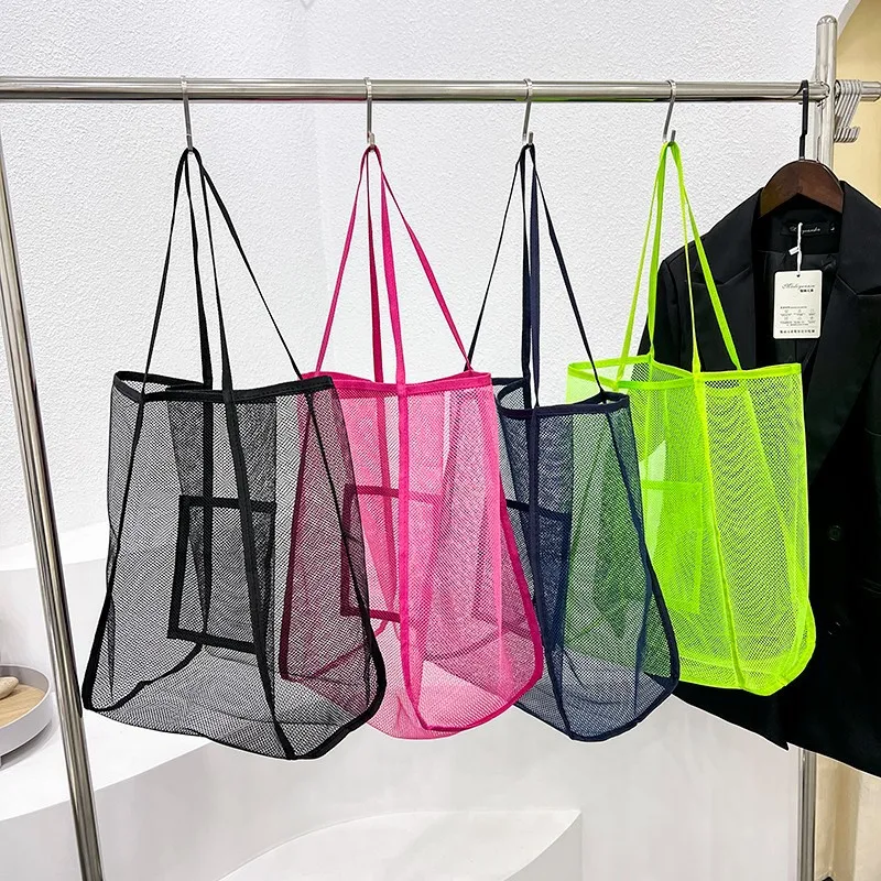 

Women Transparent Mesh Single Should Ins Winder Bag Fashionable Lightweight Portable Shopping Travel Beach Mesh Net Tote Handbag