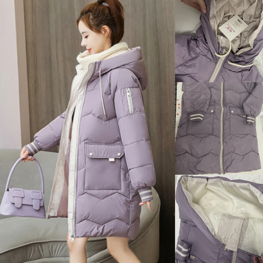 Oversized 4XL Hooded Mid-length Cotton Padded Coat Women Loose Warm Thicken Parka Fluffy Overcoat Snow Wear Korean Solid Outwear