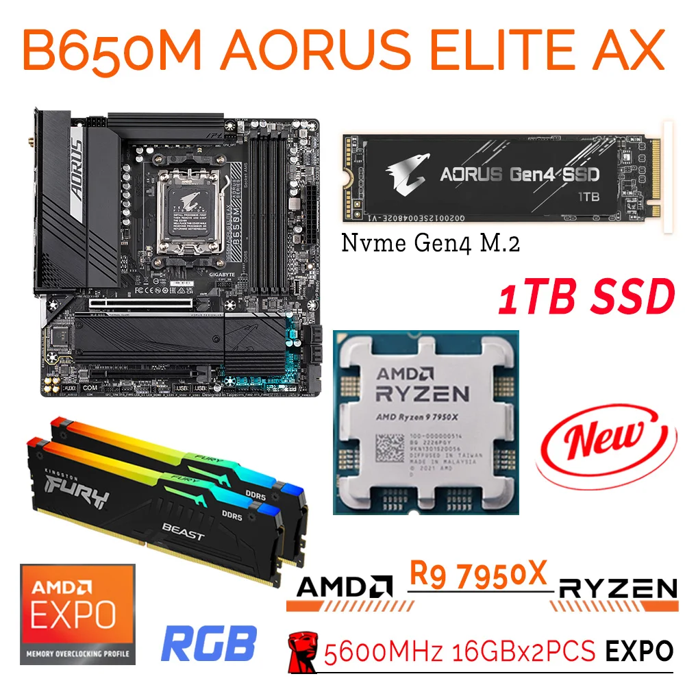 

Gigabyte B650M AORUS ELITE AX AM5 материнская плата Combo DDR5 5600 МГц 32 Гб ОЗУ Kingston с AMD RYZEN R9 7950X AM5 комплект процессора Новый