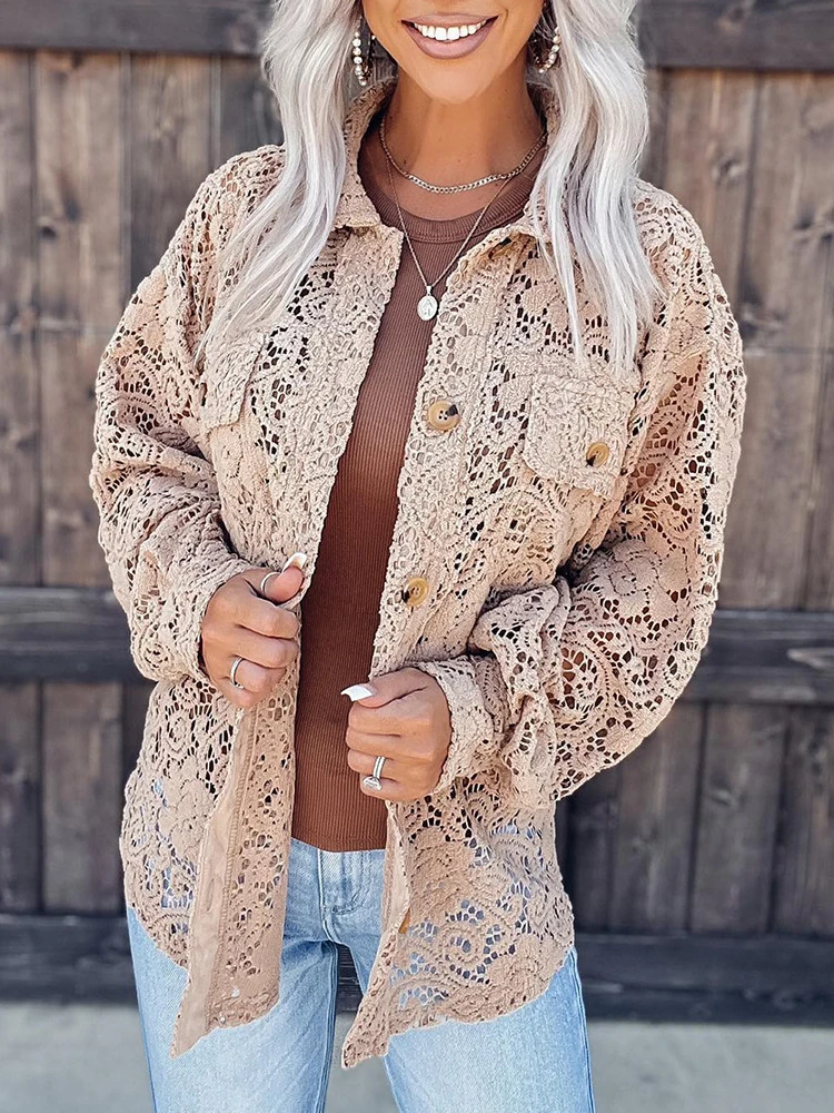 

Elegant Solid Lace Shirts Jacket Women Single Breasted Coat Women Fashion Casual Cardigan Hollow Long Sleeve Shirt Top Office