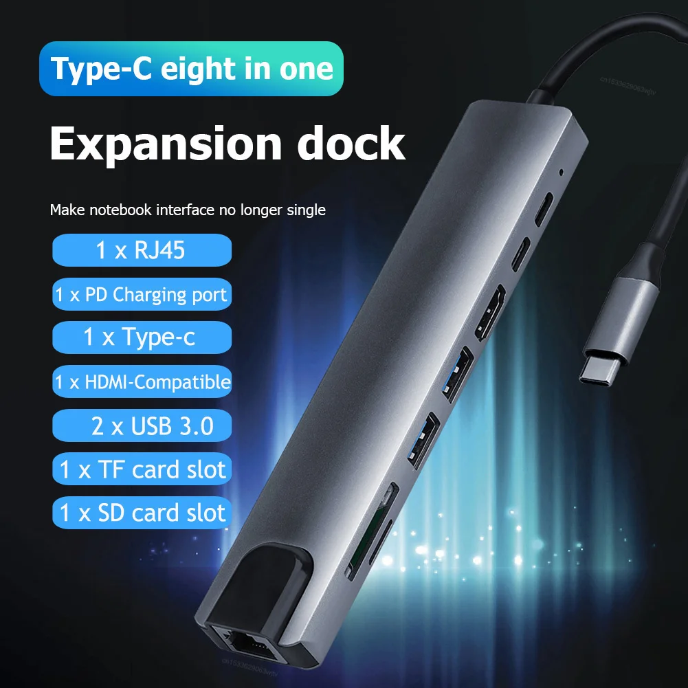 

8 In 1 USB C Hub Hdmi-compatible Pd Fast Charge Docking Station 100m Ethernet Port For Macbook Pro Air Notebook Laptop Computer