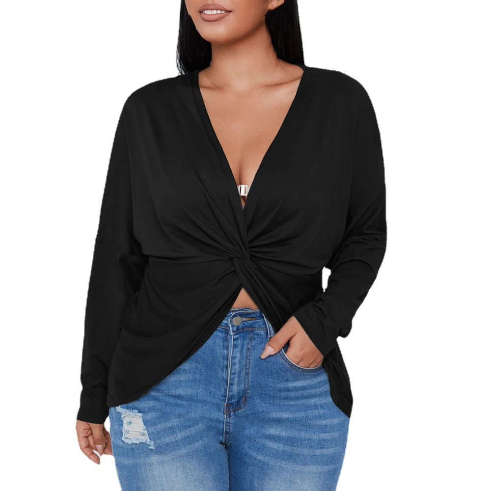 New L~4XL Plus Size Ladies Top Casual Solid Color Deep V Neck Sexy Long Sleeve T-Shirt Lightweight And Comfortable