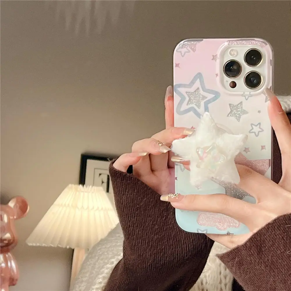 

Luxuy Flash Gradient Plush Crystal Star Handle Silicone Phone Case Holder Suitable For IPhone 14 13 12 11 Plus X XR XS Pro Cover