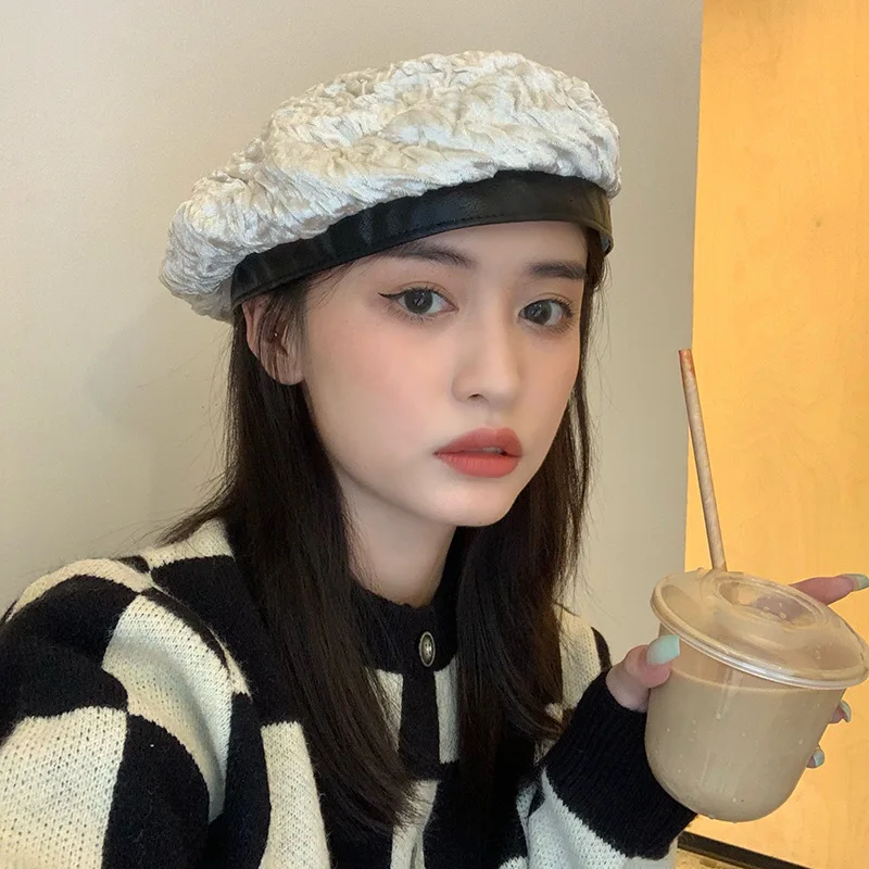 

ЯПОНСКИЕ ВИНТАЖНЫЕ береты для женщин, зимние теплые вельветовые кепки, модные корейские Кепки из искусственной кожи в стиле пэчворк, кепка художника