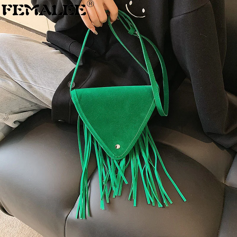 

Matte Leather Fringed Women Messenger Bags Faux Suede Purse Scrub Handbags Hippie Gypsy Triangle Tassel Shoulder Crossbody Bag