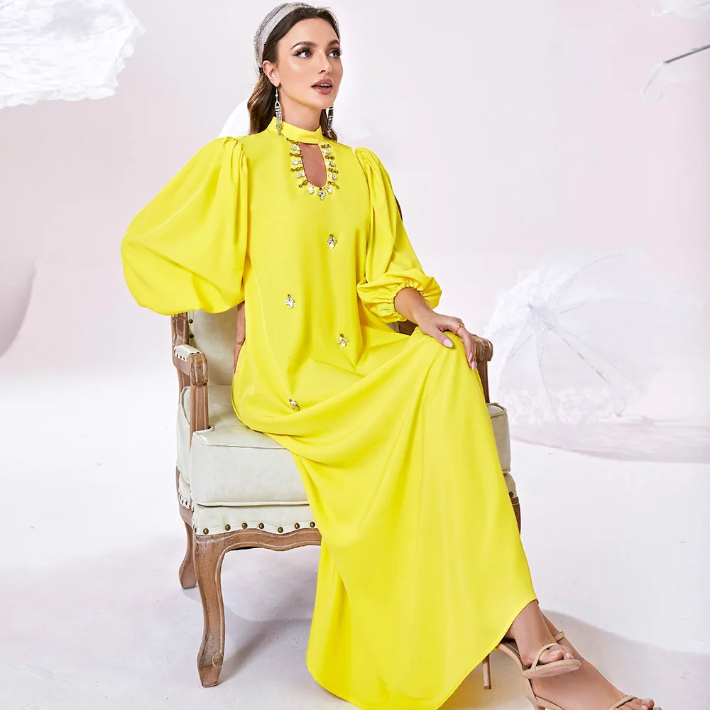 

Middle East Party Muslim Women Abaya Diamonds Maxi Dress Evening Puff Sleeve Dubai Kaftan Dubai Islam Arab Morocco Gowns Caftan
