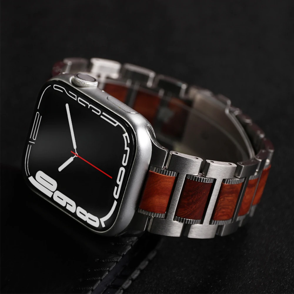 

Luxury Strap for Apple Watch Band Ultra 49mm 8 7 41 45mm 316 Stainless Steel+red Sandalwood Bracelet for Iwatch 6 5 4 Se 40 44mm