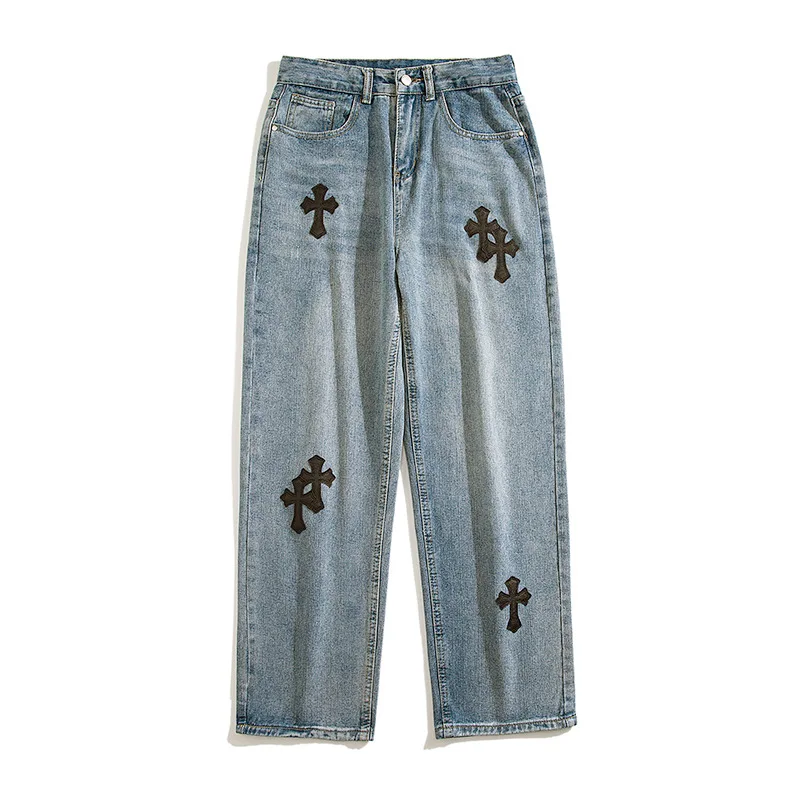 Four Seasons High Street Loose Casual Jeans Men's Street Straight Embroidered Cross Pants Jeans Men's Loose Wide Leg Jeans Men